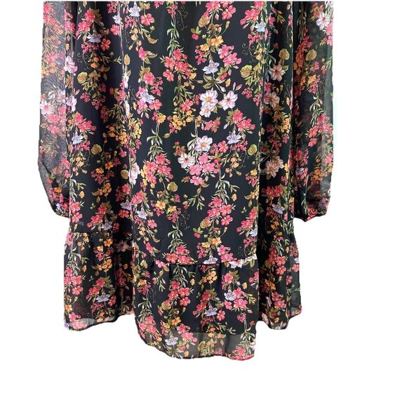 Womens Black Floral Shift Dress Sheer Neckline Sleeves Boho Whimsigoth Sz M - Picture 3 of 10
